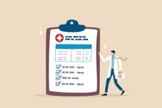 Medical clipboard, prescription or insurance document, health check or doctor diagnosis record, medicine or medicare checklist concept, doctor with stethoscope holding medical clipboard prescription.