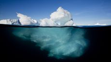 An iceberg is shown both above and below the surface of water.