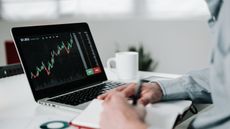 A person looks at investment history on a computer with a coffee mug. 